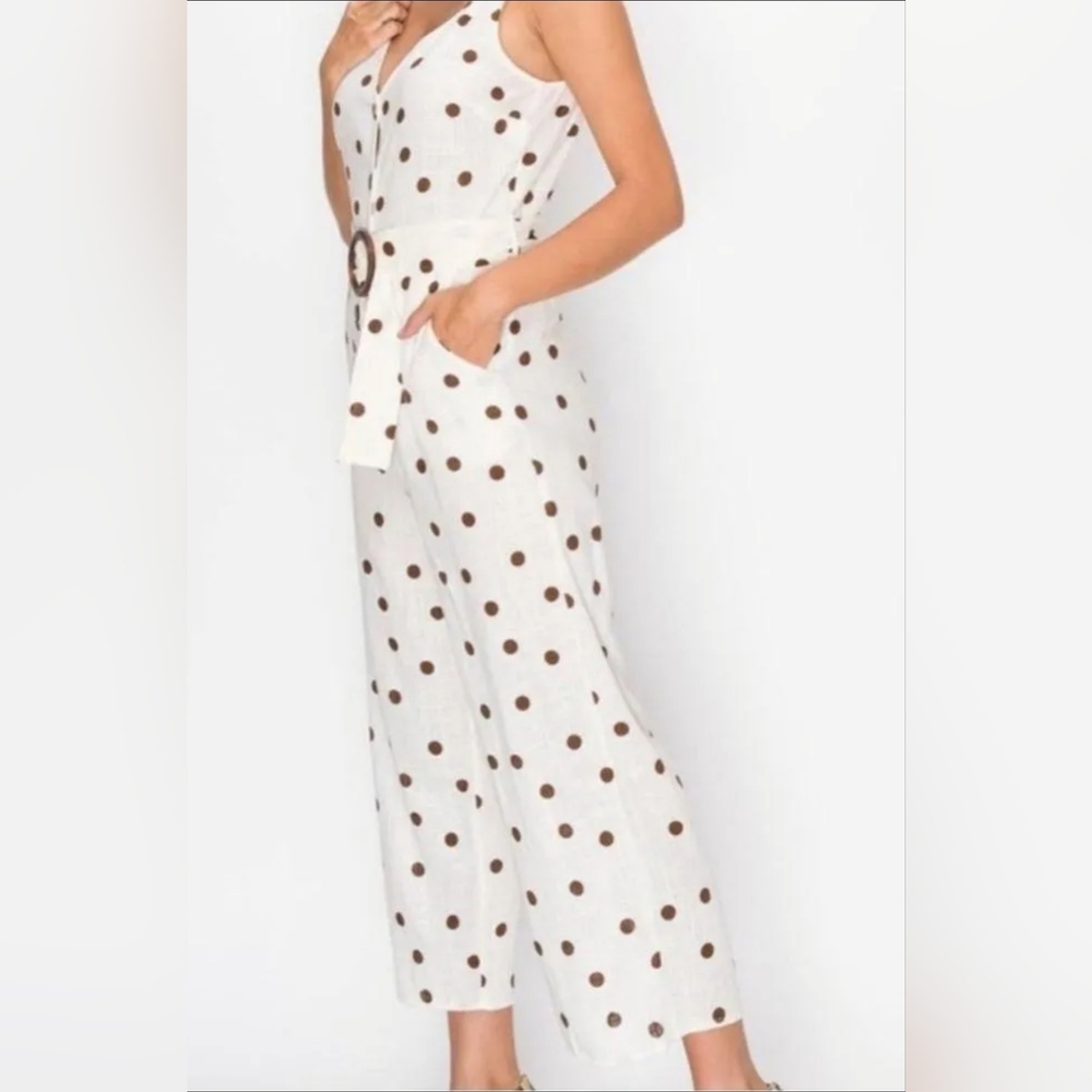 Monteau White and Brown Polka Dot Jumpsuit with Wide-Leg Design